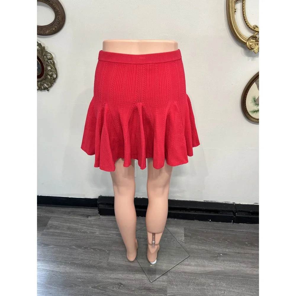 LoveShackFancy Meryl Red Ribbed Pointelle Knit Flared Skater Mini Skirt Size S